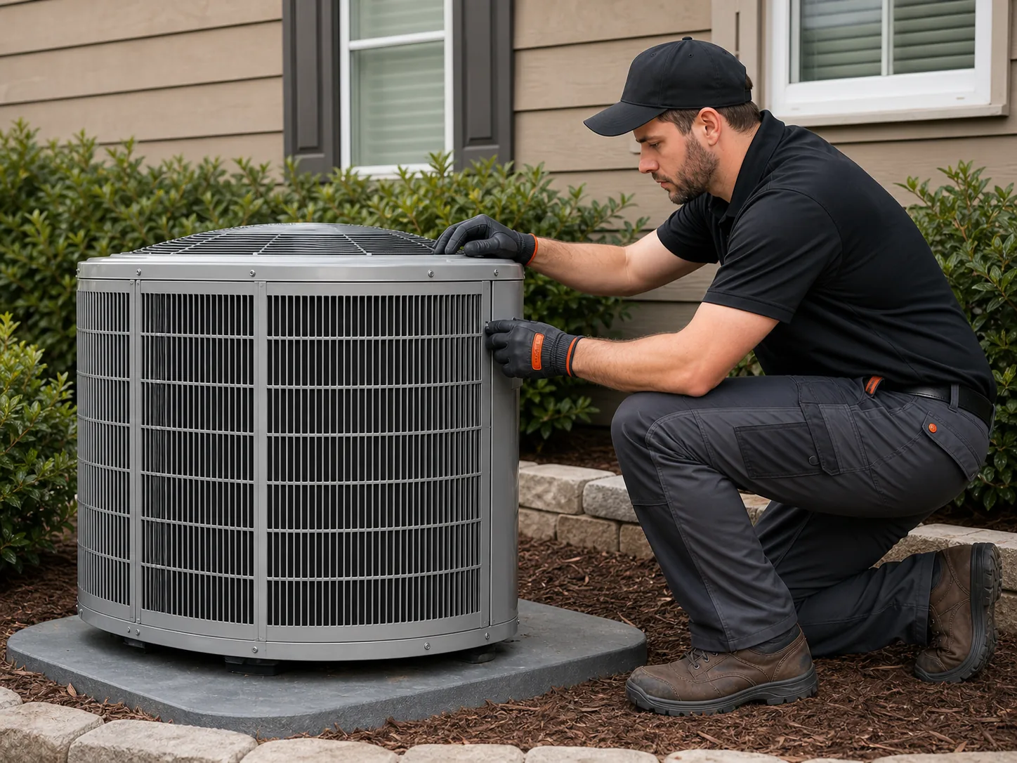 HVAC technician repairing an outdoor air conditioner