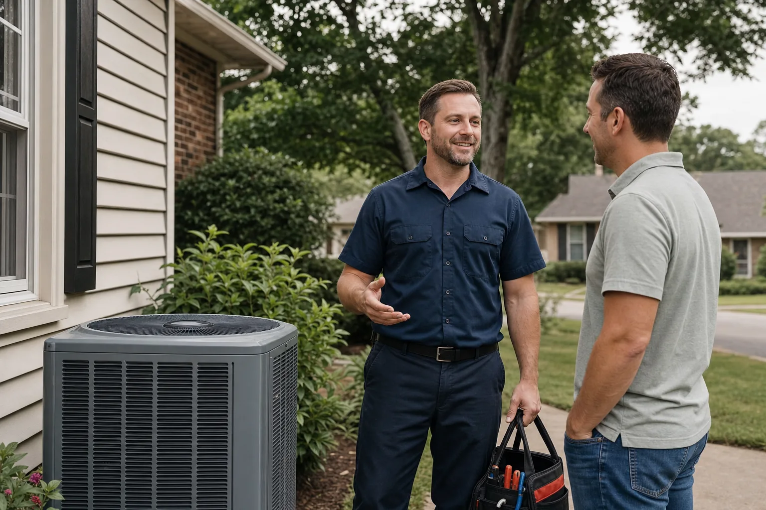 Grant A/C & Heating technician speaking with a homeowner