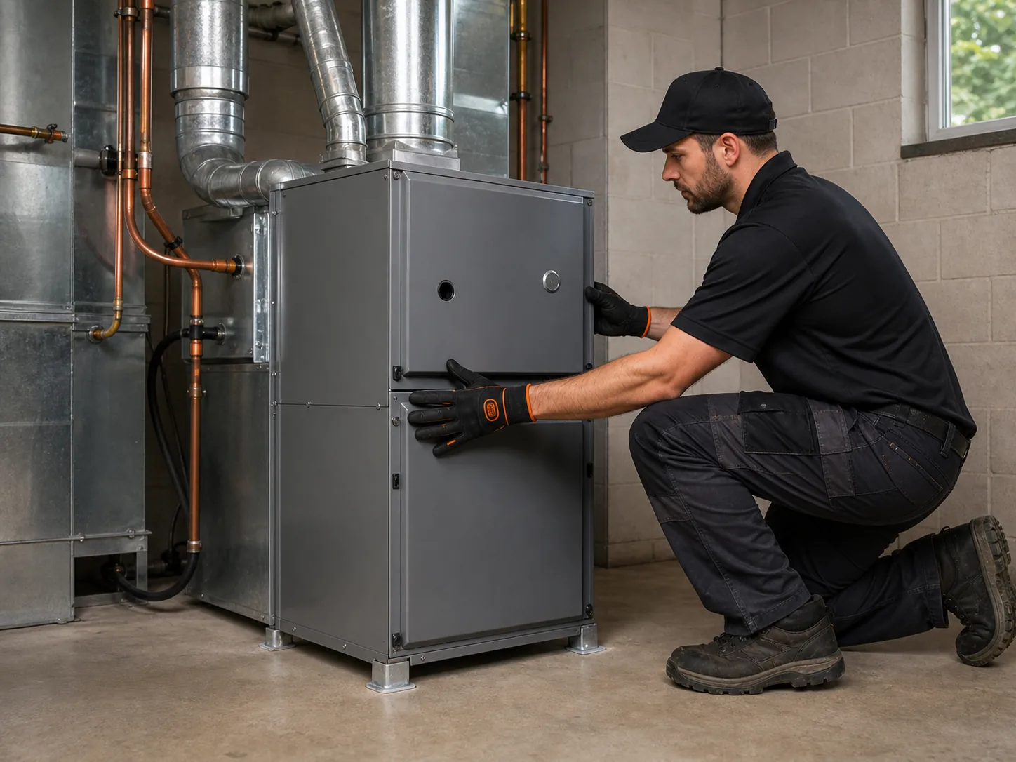 HVAC technician installing a new residential furnace