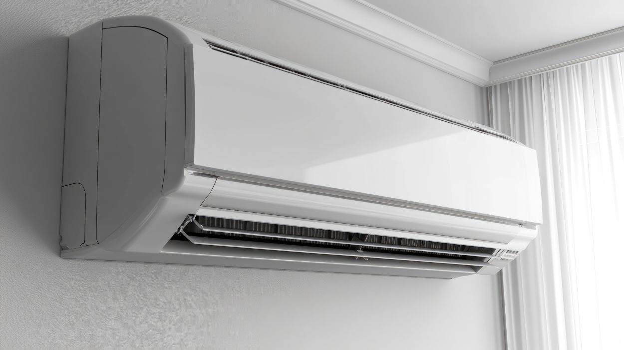 Ductless Air Conditioning. Clean Indoor Unit of Mini Split AC System Blowing Cold Air for Climate Control